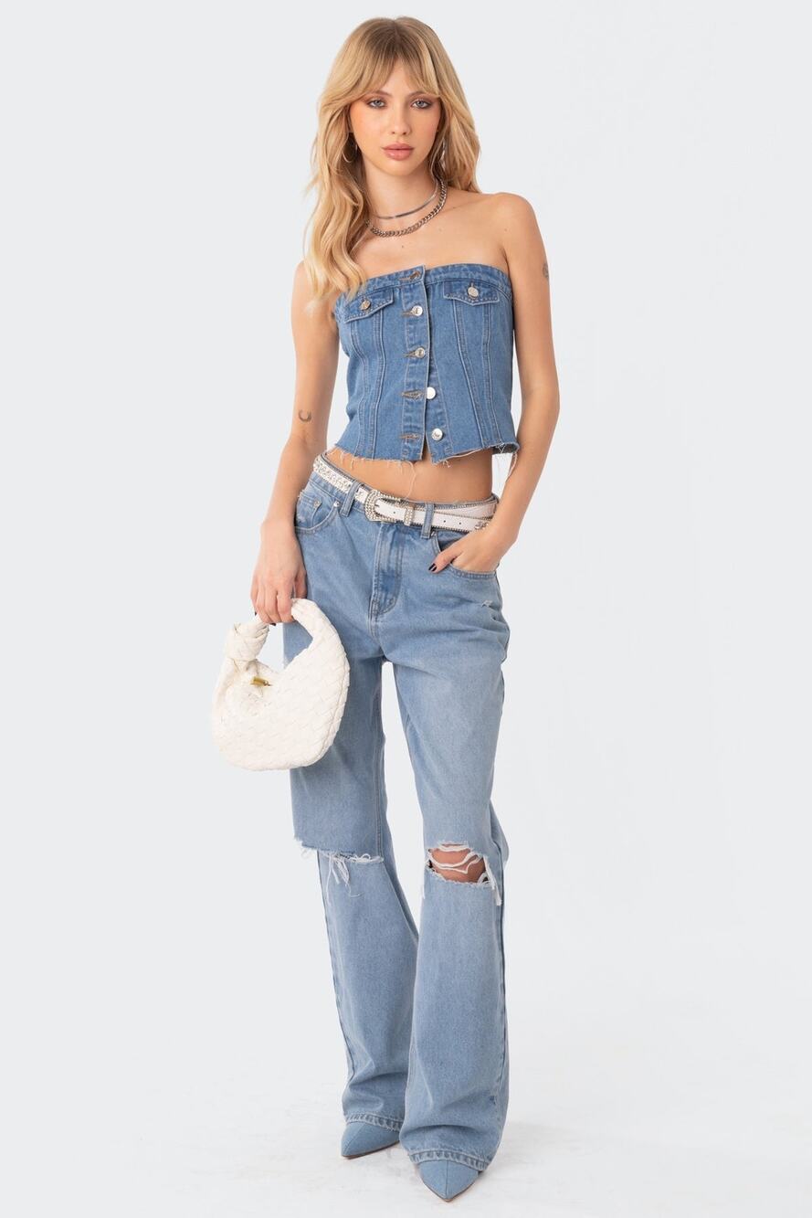 Edikted River Denim Strapless Top, Size Small
